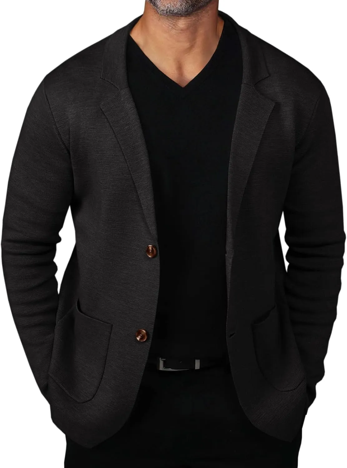 Mens Cardigan Sweater Knit Blazer Suit Jacket Casual Two Button Lightweight Sport Coat with Pockets