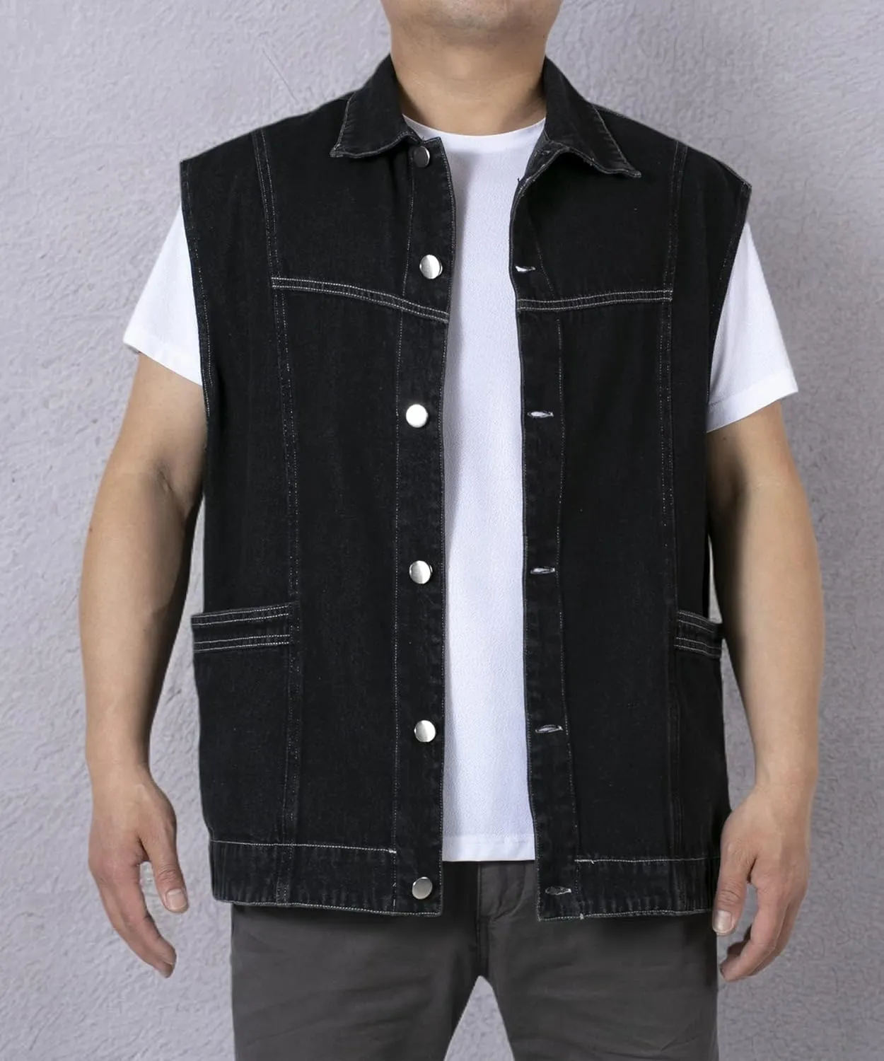 Men's Casual Denim Vest, Sleeveless Jeans Jacket Relaxed Fit Button Down Lapel Waistcoat