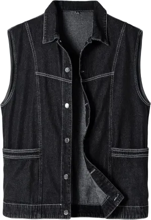 Men's Casual Denim Vest, Sleeveless Jeans Jacket Relaxed Fit Button Down Lapel Waistcoat