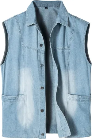 Men's Casual Denim Vest, Sleeveless Jeans Jacket Relaxed Fit Button Down Lapel Waistcoat