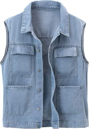Men's Casual Denim Vest, Sleeveless Jeans Jacket Relaxed Fit Button Down Lapel Waistcoat