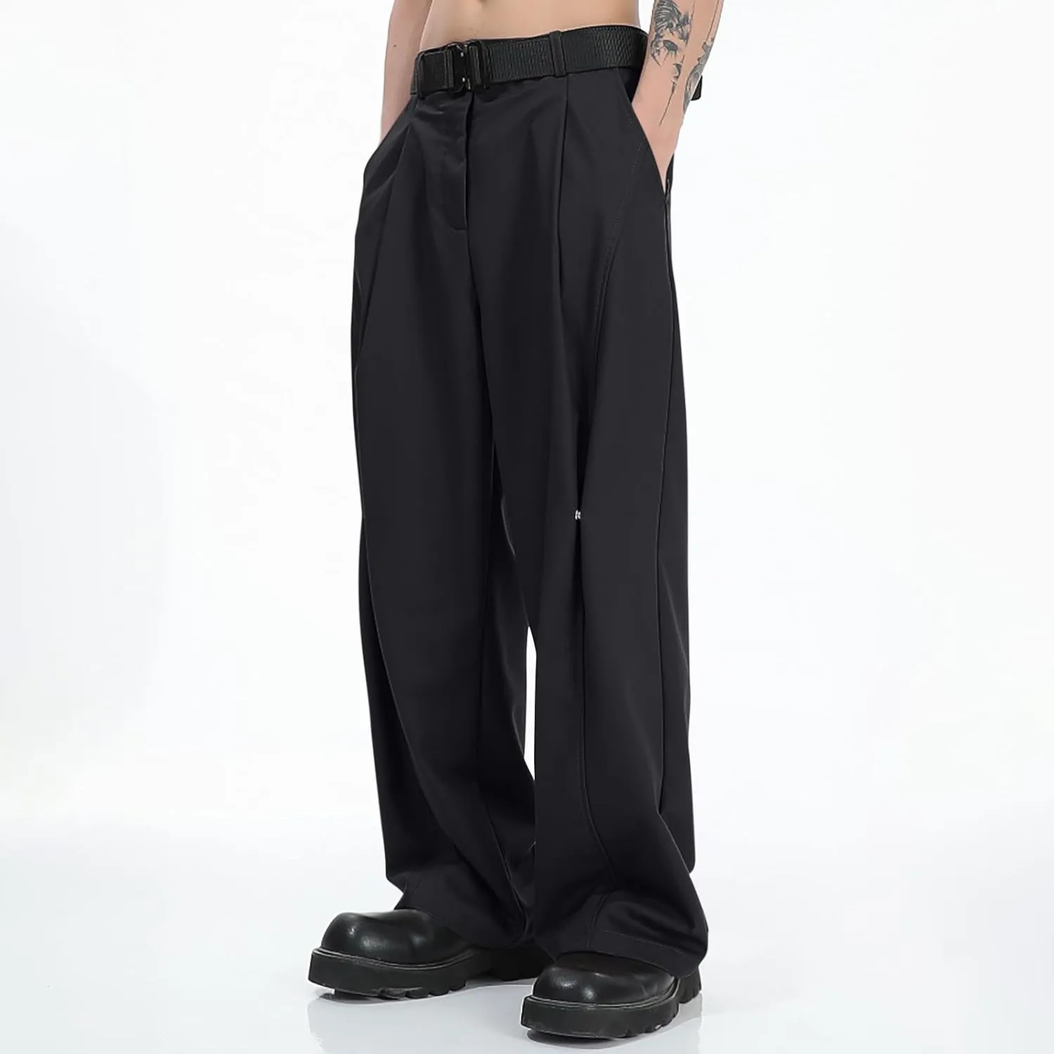 Mens Casual Pants Relaxed Fit Pleated Straight Wide Leg Dress Pant Lightweight Vintage Band Y2k Trousers with Pockets