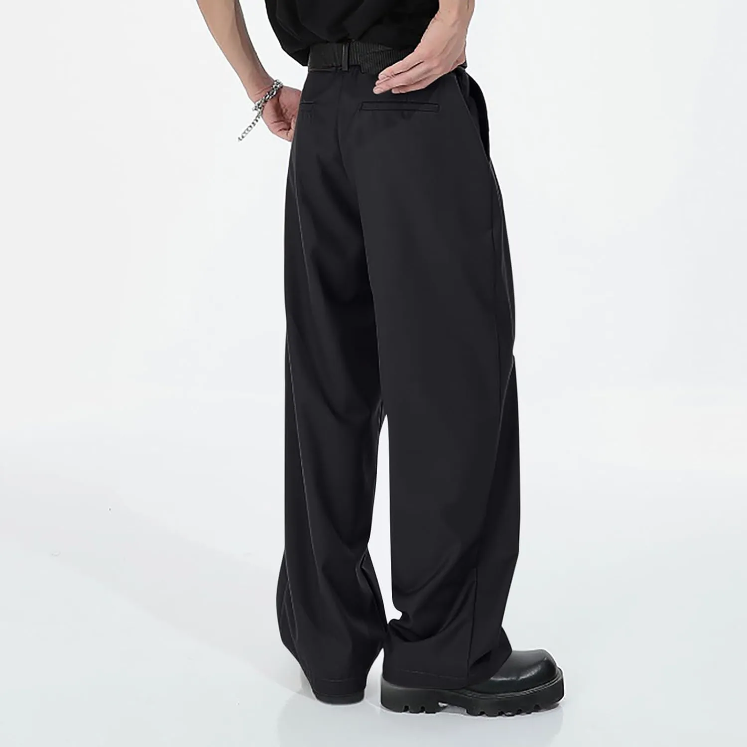 Mens Casual Pants Relaxed Fit Pleated Straight Wide Leg Dress Pant Lightweight Vintage Band Y2k Trousers with Pockets