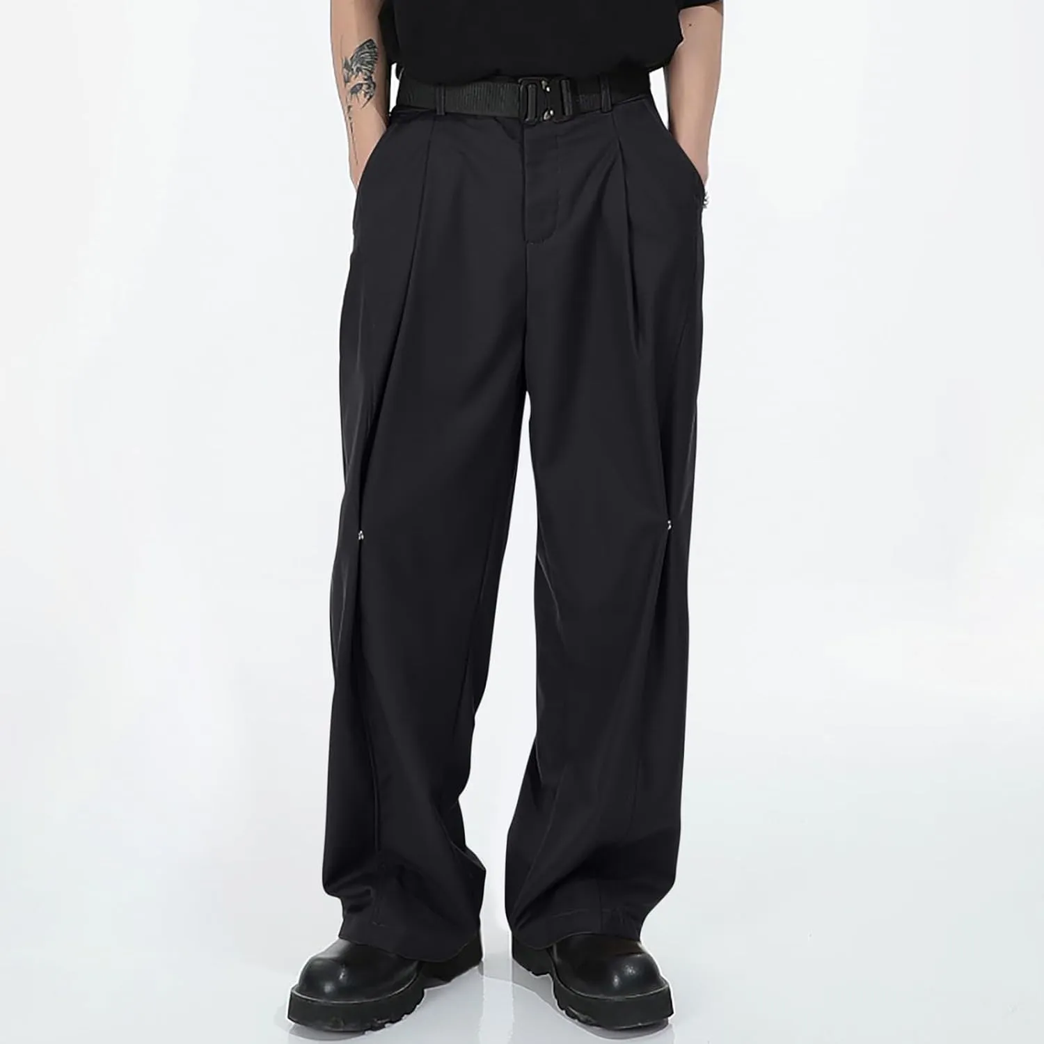 Mens Casual Pants Relaxed Fit Pleated Straight Wide Leg Dress Pant Lightweight Vintage Band Y2k Trousers with Pockets