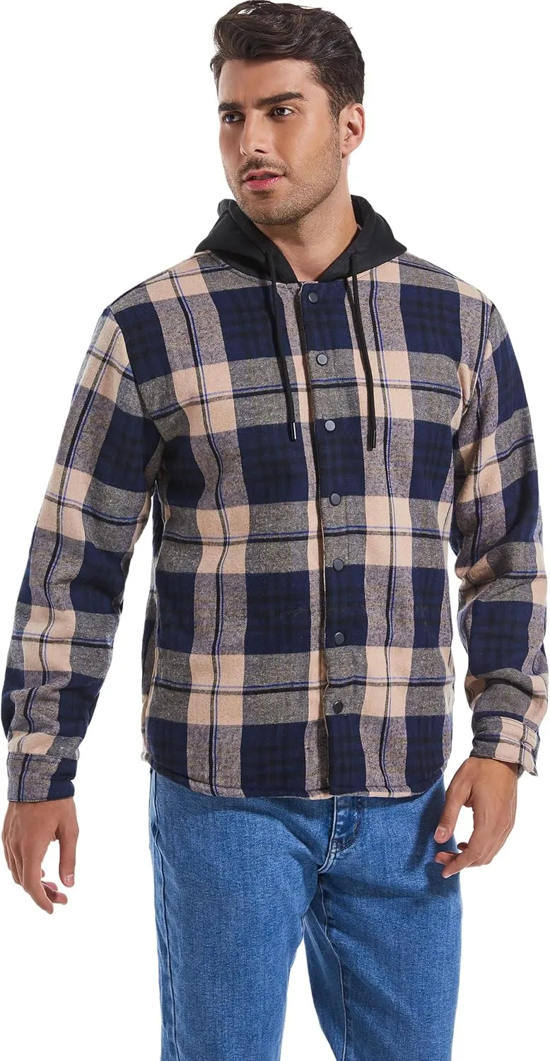 Men's Cotton Plaid Long Sleeve Shirts Jacket Fleece Lined Flannel Shirts Sherpa Button Down Coat with Hood