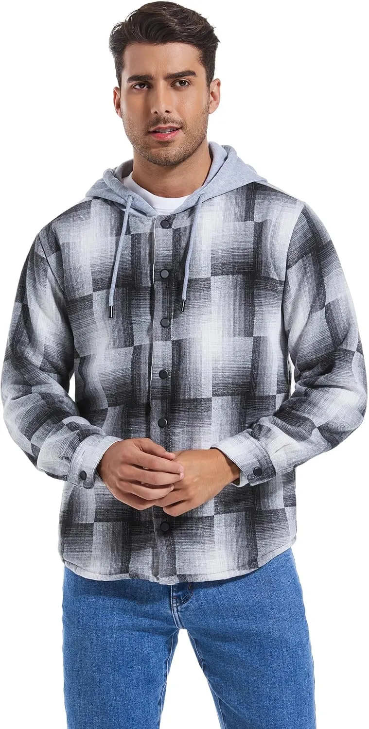 Men's Cotton Plaid Long Sleeve Shirts Jacket Fleece Lined Flannel Shirts Sherpa Button Down Coat with Hood
