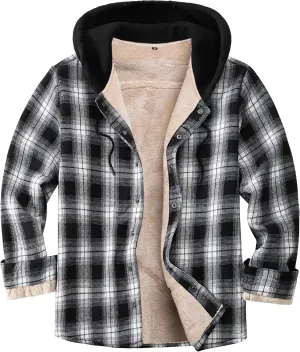 Men's Cotton Plaid Long Sleeve Shirts Jacket Fleece Lined Flannel Shirts Sherpa Button Down Coat with Hood