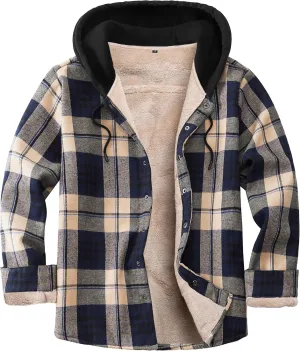 Men's Cotton Plaid Long Sleeve Shirts Jacket Fleece Lined Flannel Shirts Sherpa Button Down Coat with Hood