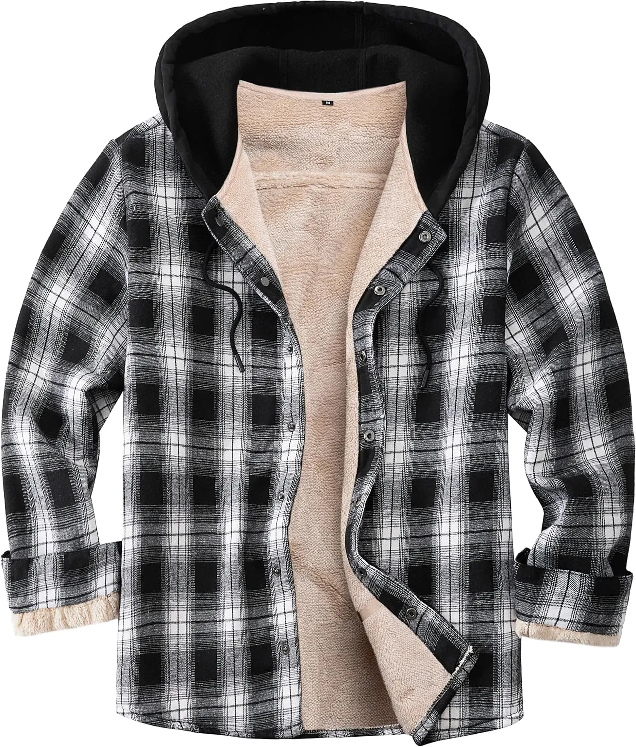 Men's Cotton Plaid Long Sleeve Shirts Jacket Fleece Lined Flannel Shirts Sherpa Button Down Coat with Hood