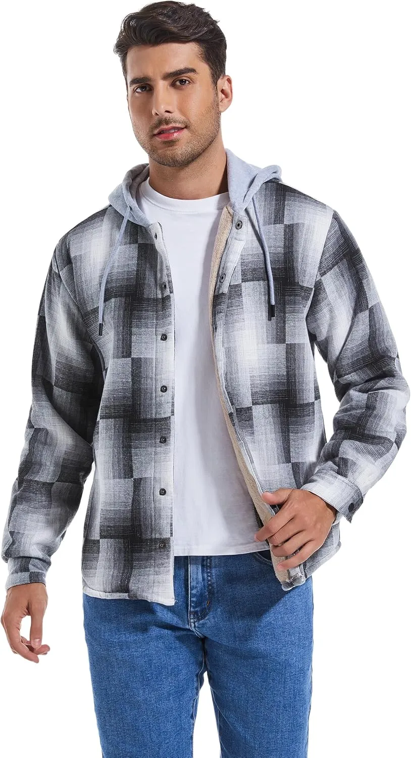 Men's Cotton Plaid Long Sleeve Shirts Jacket Fleece Lined Flannel Shirts Sherpa Button Down Coat with Hood