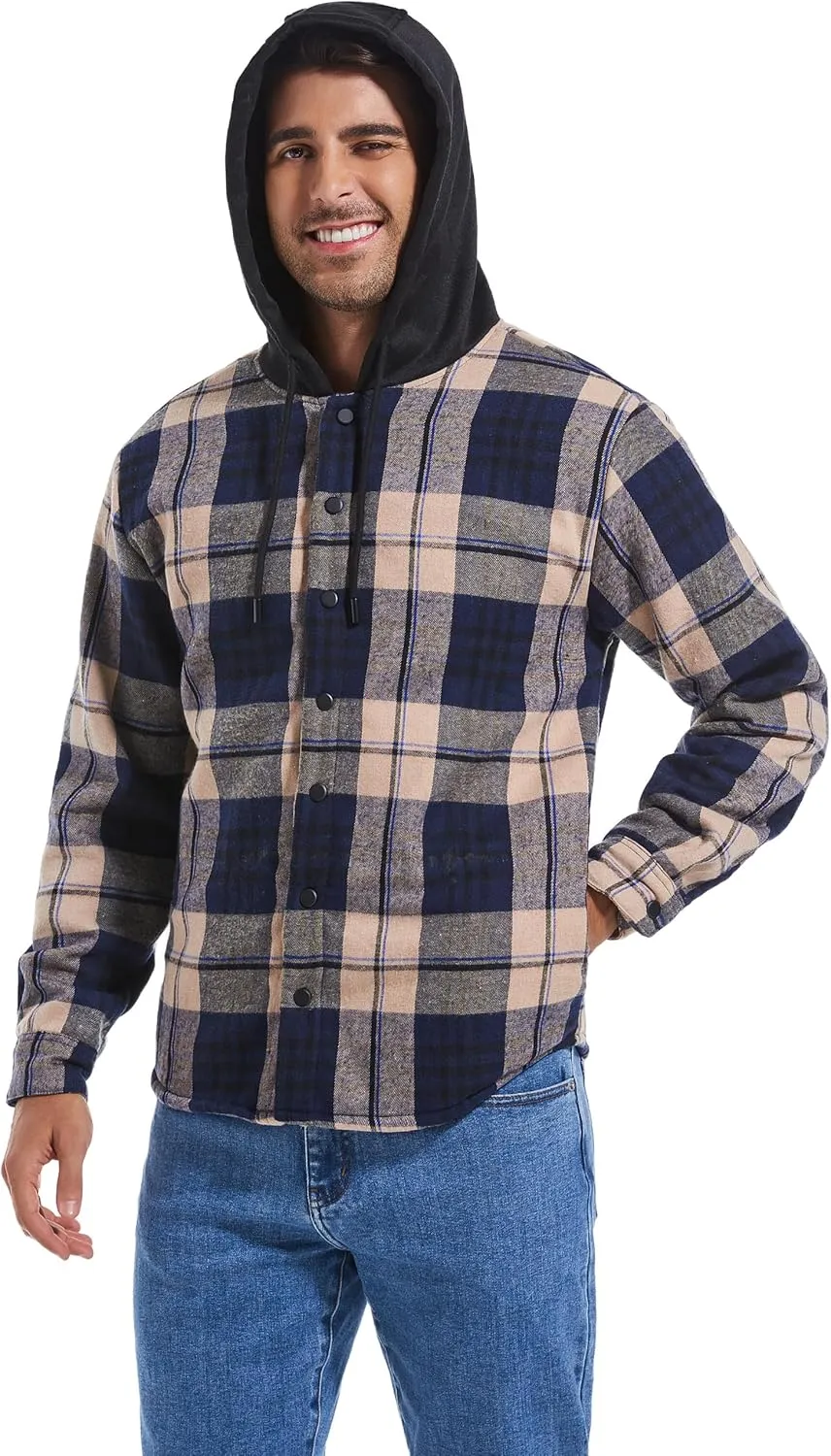 Men's Cotton Plaid Long Sleeve Shirts Jacket Fleece Lined Flannel Shirts Sherpa Button Down Coat with Hood