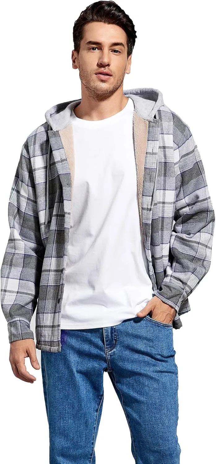 Men's Cotton Plaid Shirts Jacket Fleece Lined Flannel Shirts Sherpa Button Down Jackets with Hood for Men