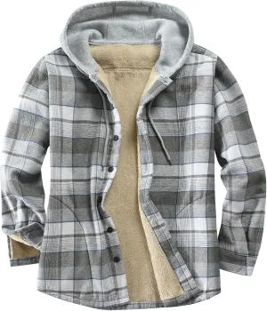 Men's Cotton Plaid Shirts Jacket Fleece Lined Flannel Shirts Sherpa Button Down Jackets with Hood for Men