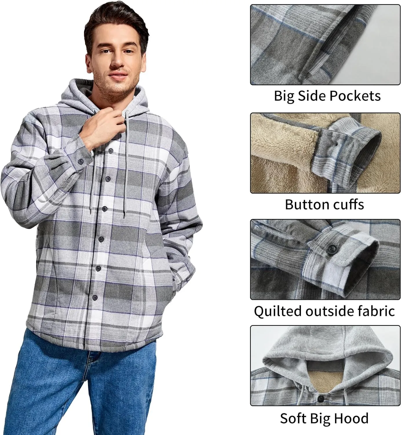 Men's Cotton Plaid Shirts Jacket Fleece Lined Flannel Shirts Sherpa Button Down Jackets with Hood for Men