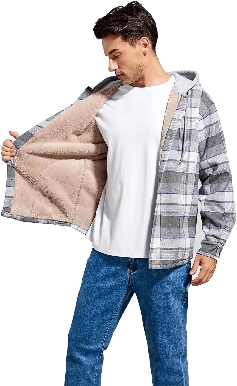 Men's Cotton Plaid Shirts Jacket Fleece Lined Flannel Shirts Sherpa Button Down Jackets with Hood for Men