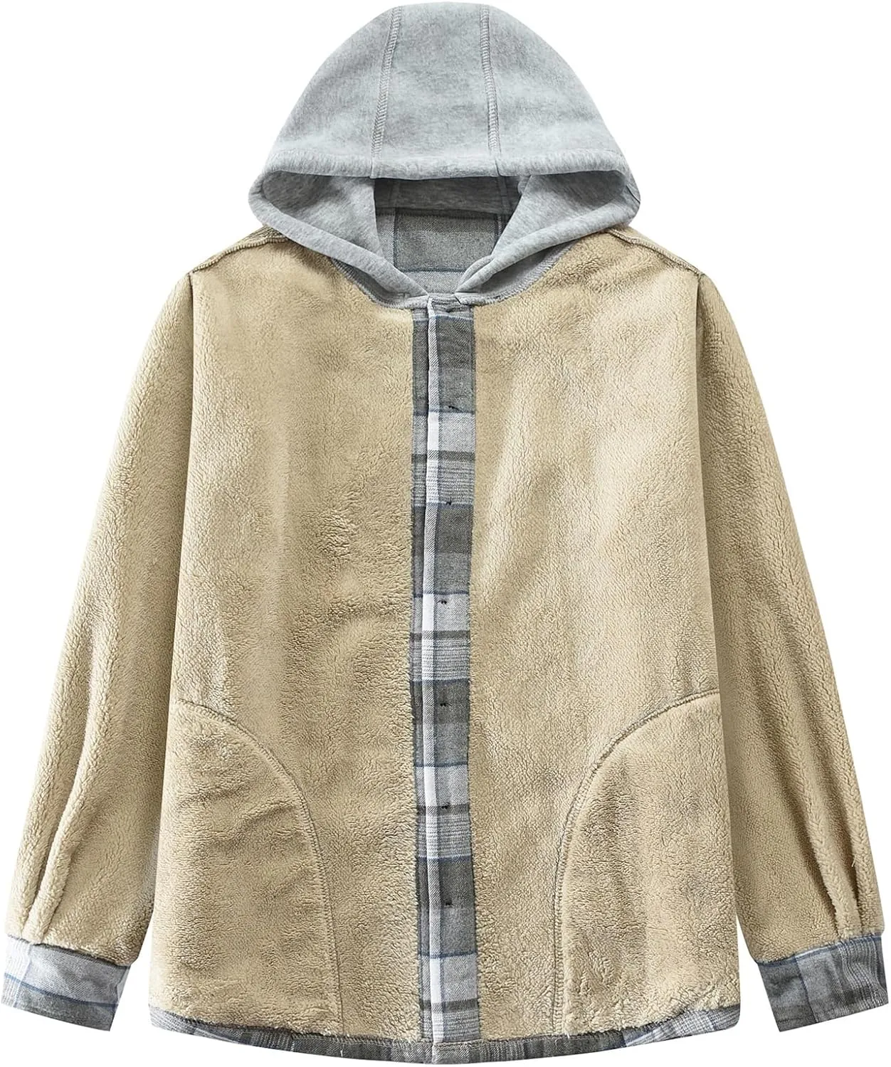 Men's Cotton Plaid Shirts Jacket Fleece Lined Flannel Shirts Sherpa Button Down Jackets with Hood for Men