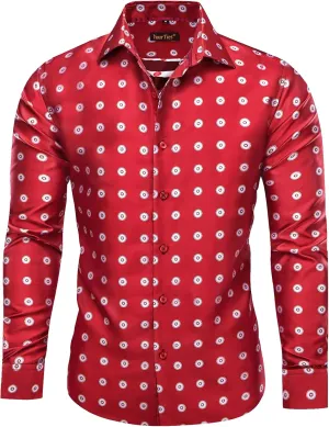 Mens Dress Shirt Silk Long Sleeve Button Up Shirts Retro Floral Tuxedo Shirts for Wedding Party Events