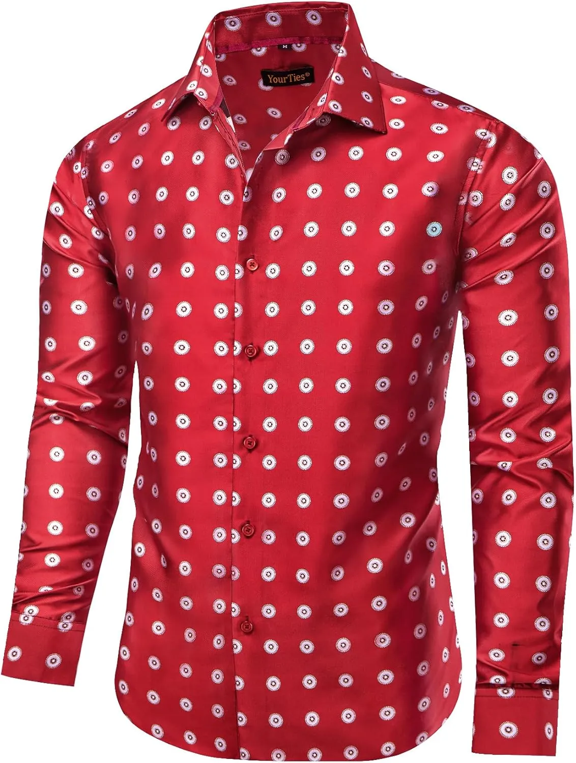 Mens Dress Shirt Silk Long Sleeve Button Up Shirts Retro Floral Tuxedo Shirts for Wedding Party Events