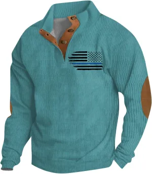 Mens Fashion Fall Sweatshirts For Corduroy Vintage Stand Collar Button Print Long Sleeve Casual Pullover Sweater