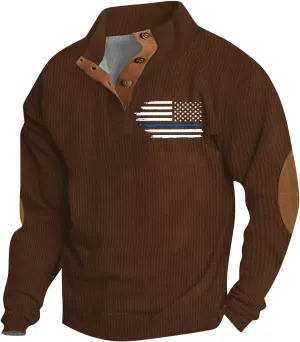 Mens Fashion Fall Sweatshirts For Corduroy Vintage Stand Collar Button Print Long Sleeve Casual Pullover Sweater