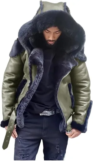 Mens Faux Leather Jacket Sherpa Lined Coat Faux Fur Hooded Jacket Oversized Hoodies Winter Overcoat Warm Top Outwear