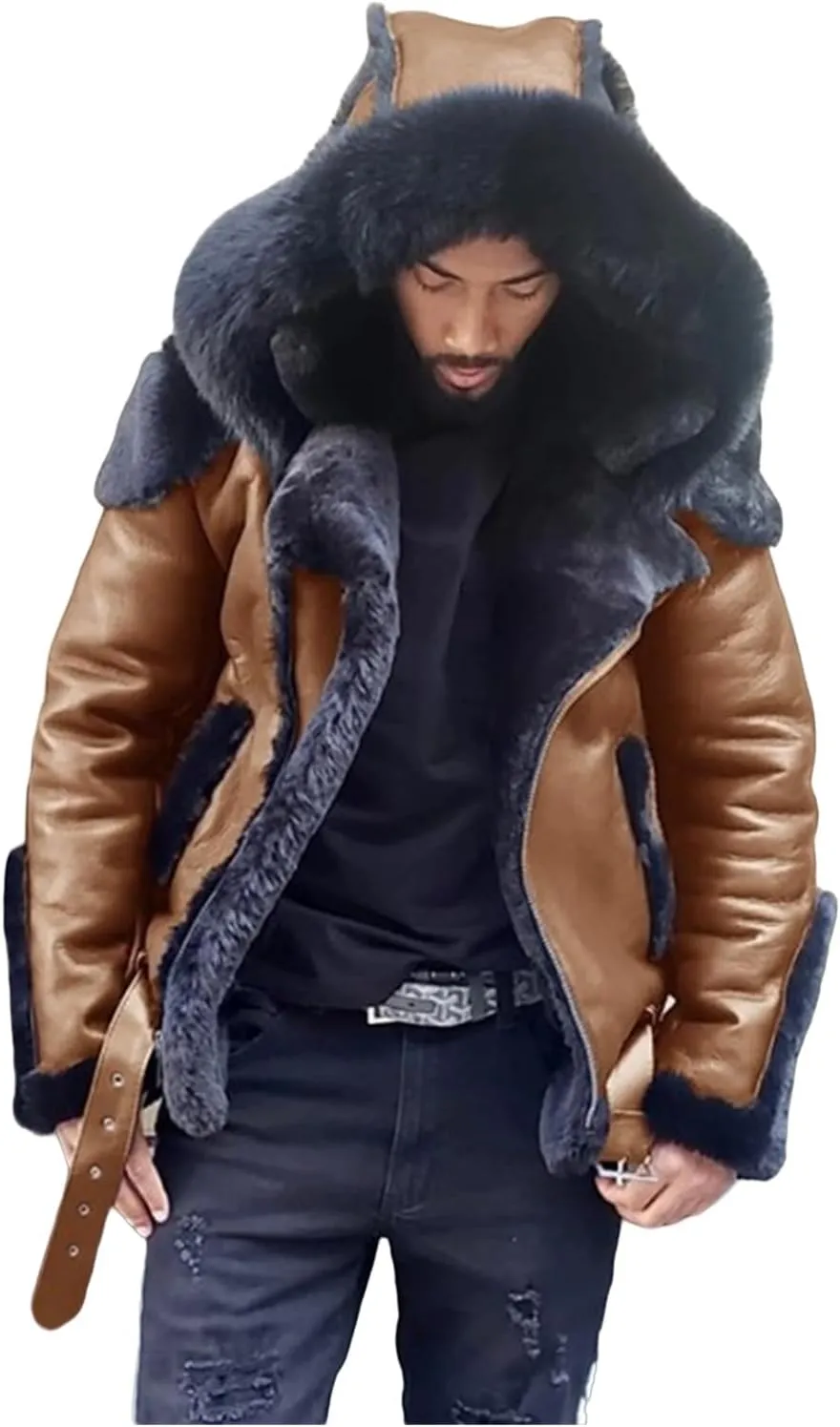 Mens Faux Leather Jacket Sherpa Lined Coat Faux Fur Hooded Jacket Oversized Hoodies Winter Overcoat Warm Top Outwear