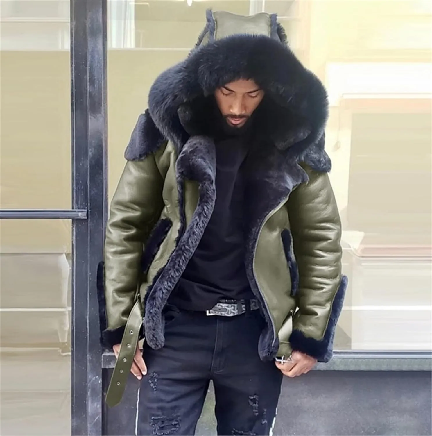 Mens Faux Leather Jacket Sherpa Lined Coat Faux Fur Hooded Jacket Oversized Hoodies Winter Overcoat Warm Top Outwear