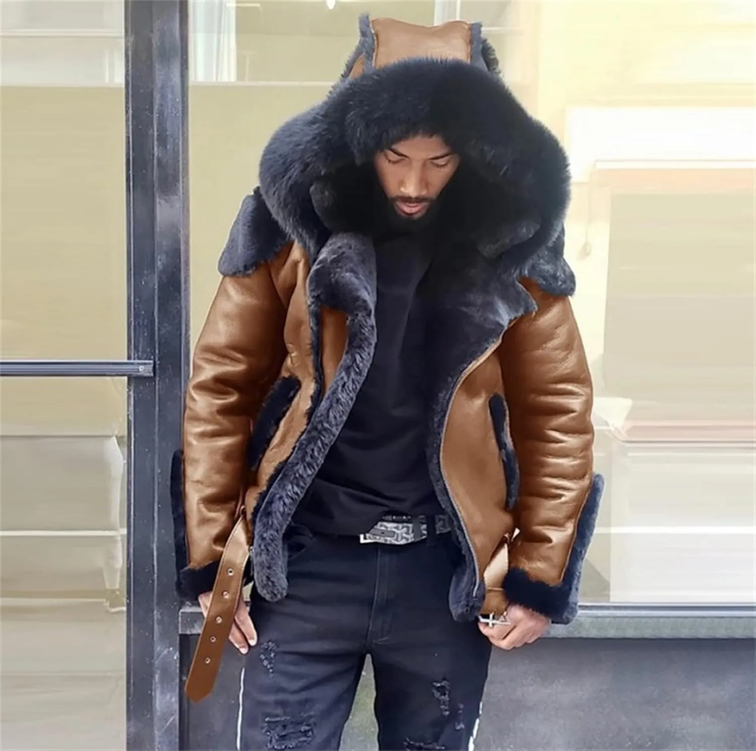 Mens Faux Leather Jacket Sherpa Lined Coat Faux Fur Hooded Jacket Oversized Hoodies Winter Overcoat Warm Top Outwear