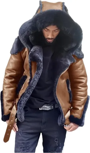 Mens Faux Leather Jacket Sherpa Lined Coat Faux Fur Hooded Jacket Oversized Hoodies Winter Overcoat Warm Top Outwear