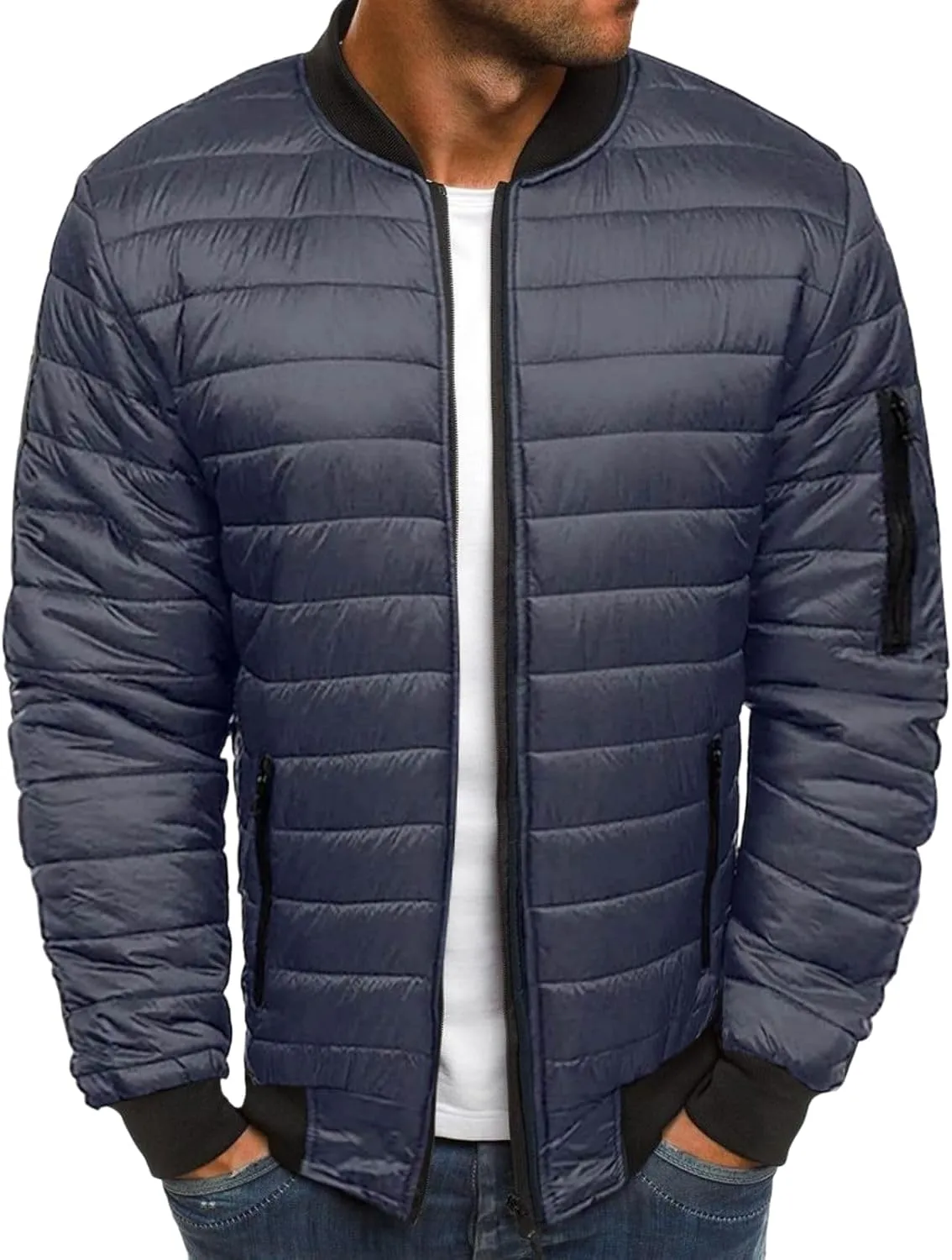 Men's Lightweight Jacket Arm Zipper Jacket with Pocket Winter Warm Plaid Cotton-Padded Coats Windproof Outdoor