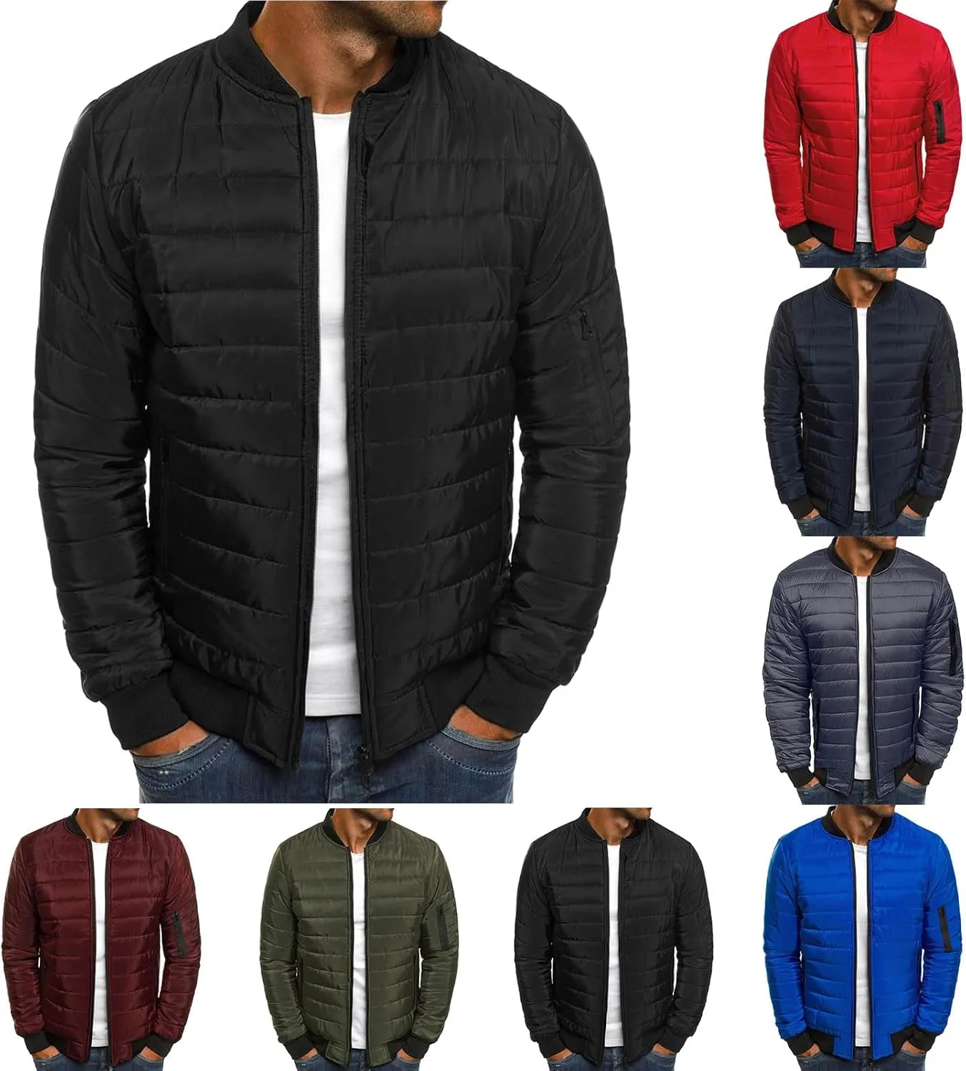 Men's Lightweight Jacket Arm Zipper Jacket with Pocket Winter Warm Plaid Cotton-Padded Coats Windproof Outdoor
