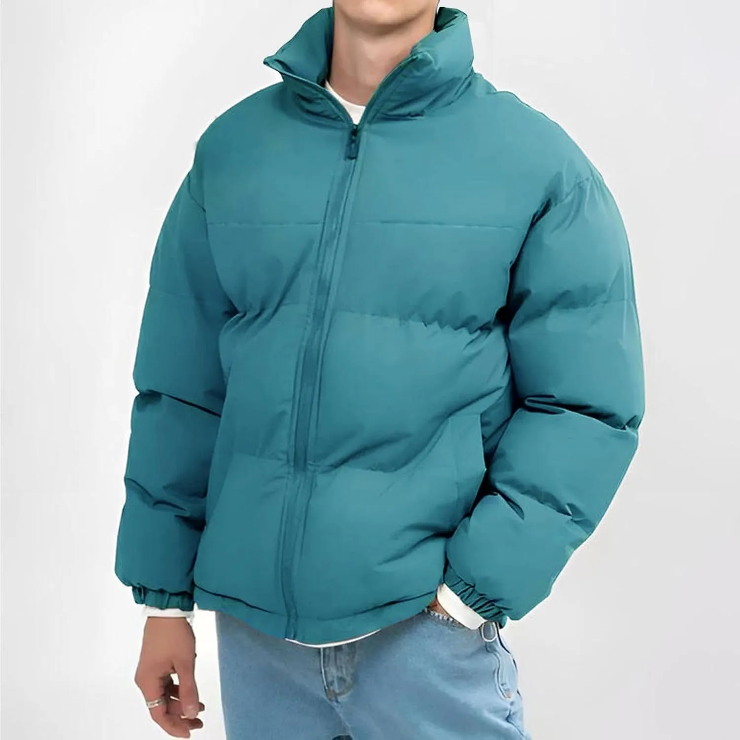 Men's Lightweight Puffer Jackets Fashion Casual Sports Collar Padded Coat Warm Solid Color Cotton-Padded Jacket