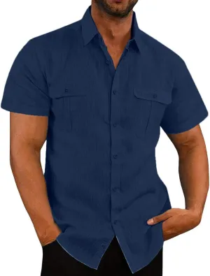 Mens Linen Cotton Shirts Button Down Short Sleeve Summer Clothes Trendy Outfits Casual Beach Dress Shirt Business