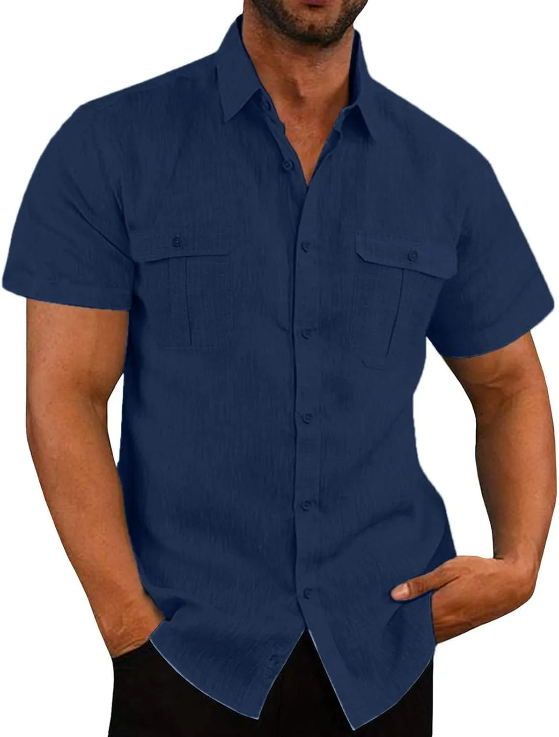 Mens Linen Cotton Shirts Button Down Short Sleeve Summer Clothes Trendy Outfits Casual Beach Dress Shirt Business