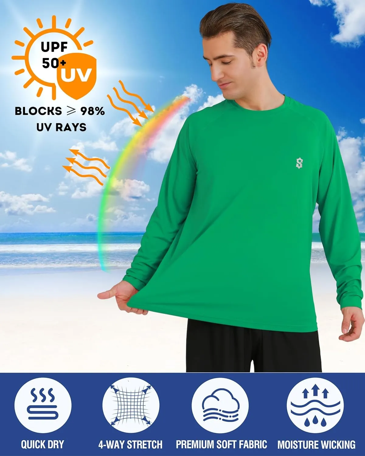 Men's Long Sleeve UPF 50  Sun Protection Swim T-Shirt Quick Dry Lightweight Running Fishing Rash Guard