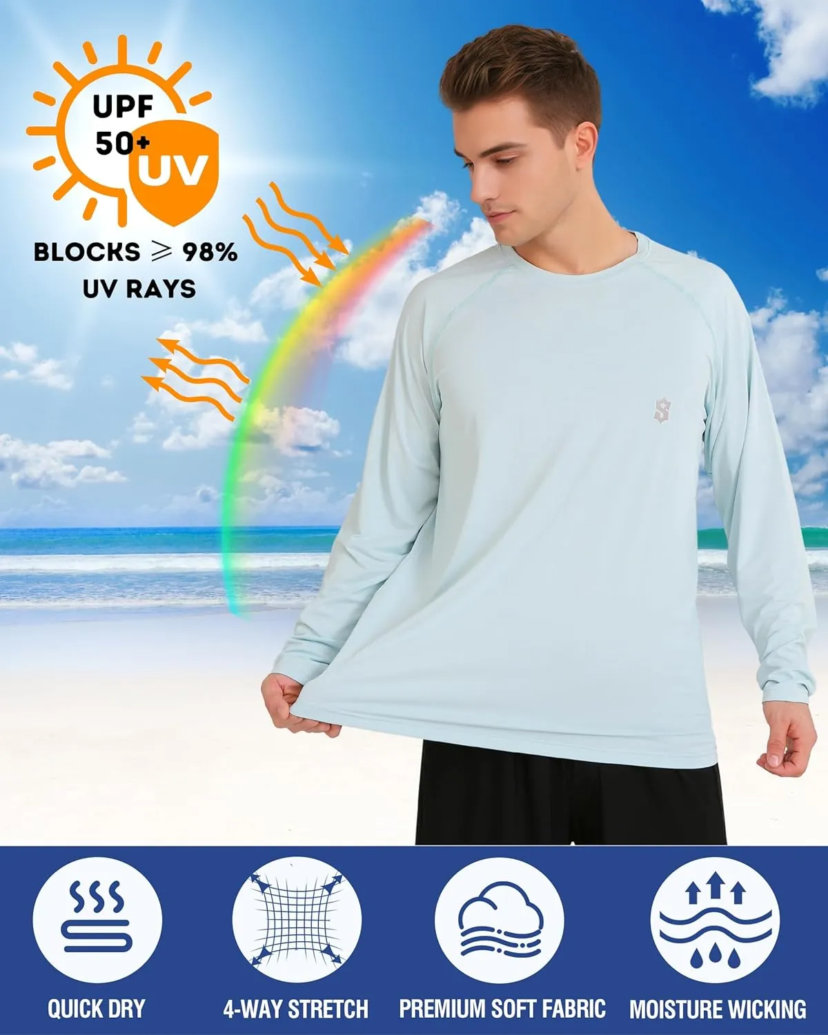 Men's Long Sleeve UPF 50  Sun Protection Swim T-Shirt Quick Dry Lightweight Running Fishing Rash Guard