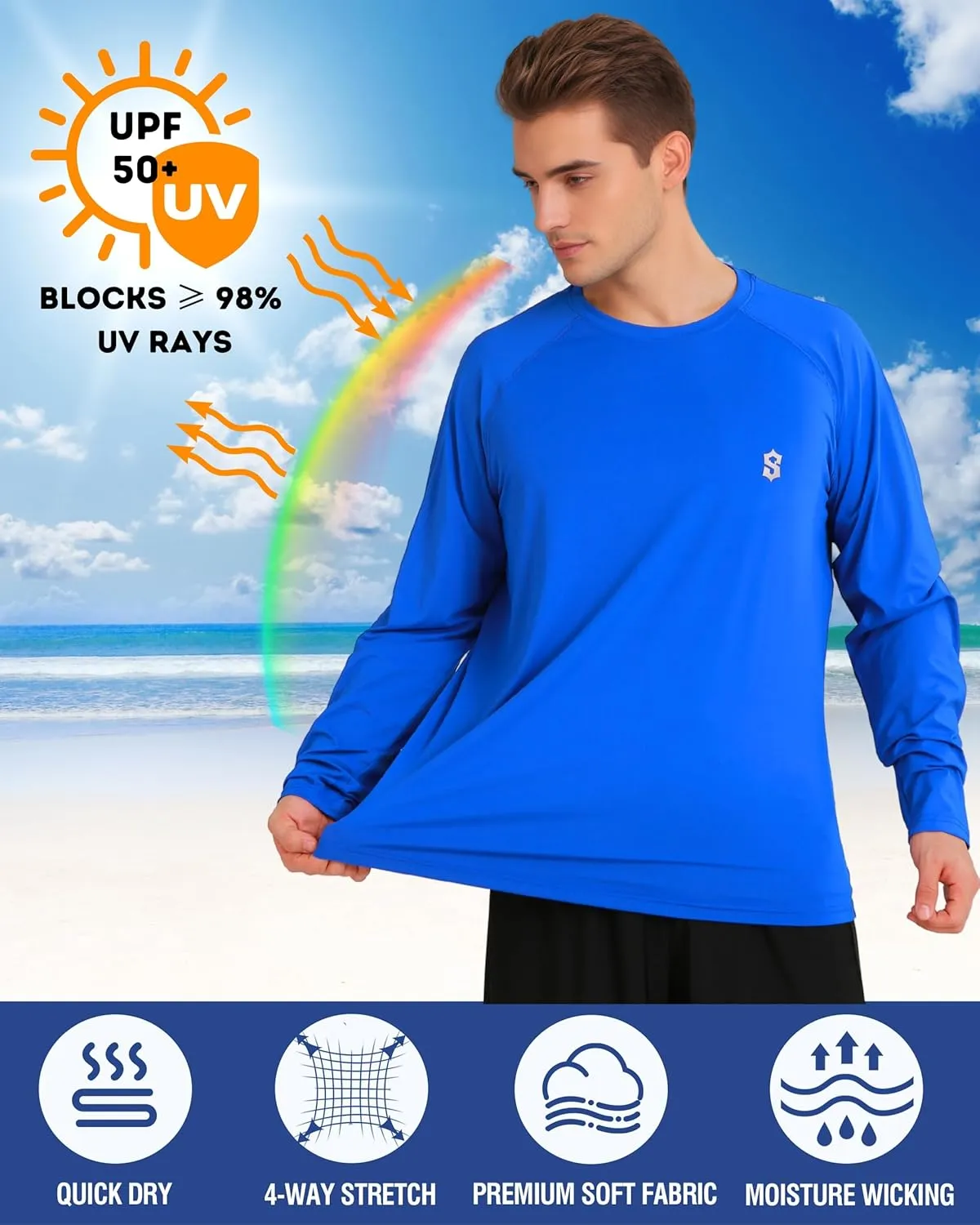 Men's Long Sleeve UPF 50  Sun Protection Swim T-Shirt Quick Dry Lightweight Running Fishing Rash Guard