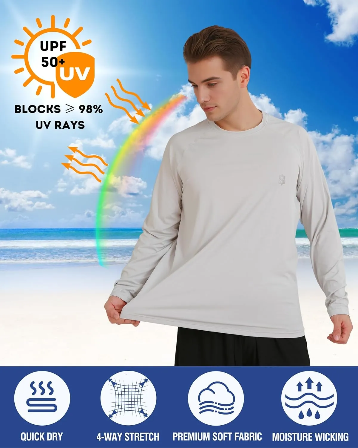 Men's Long Sleeve UPF 50  Sun Protection Swim T-Shirt Quick Dry Lightweight Running Fishing Rash Guard