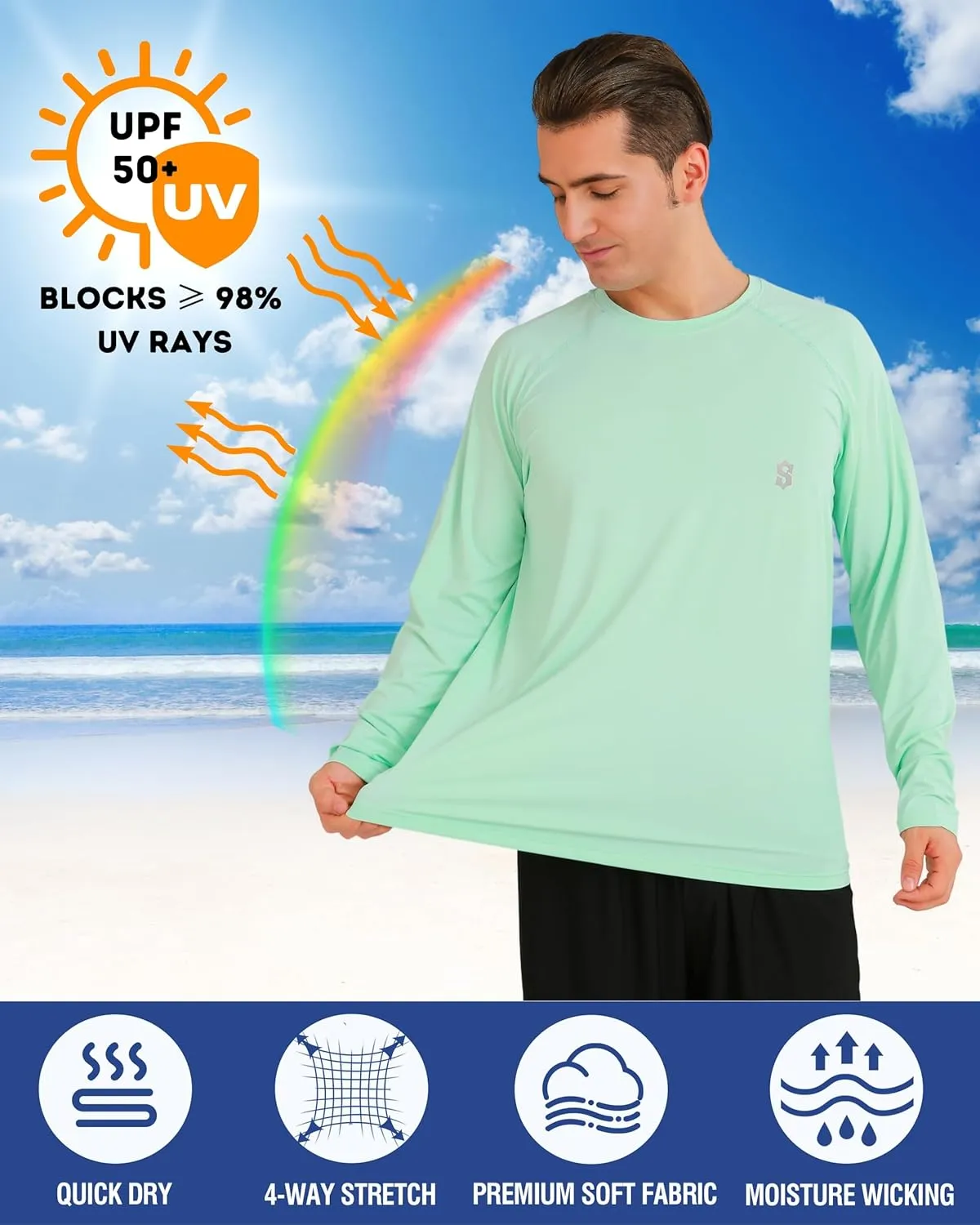 Men's Long Sleeve UPF 50  Sun Protection Swim T-Shirt Quick Dry Lightweight Running Fishing Rash Guard