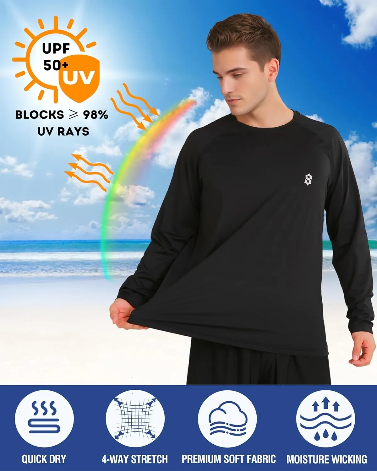 Men's Long Sleeve UPF 50  Sun Protection Swim T-Shirt Quick Dry Lightweight Running Fishing Rash Guard