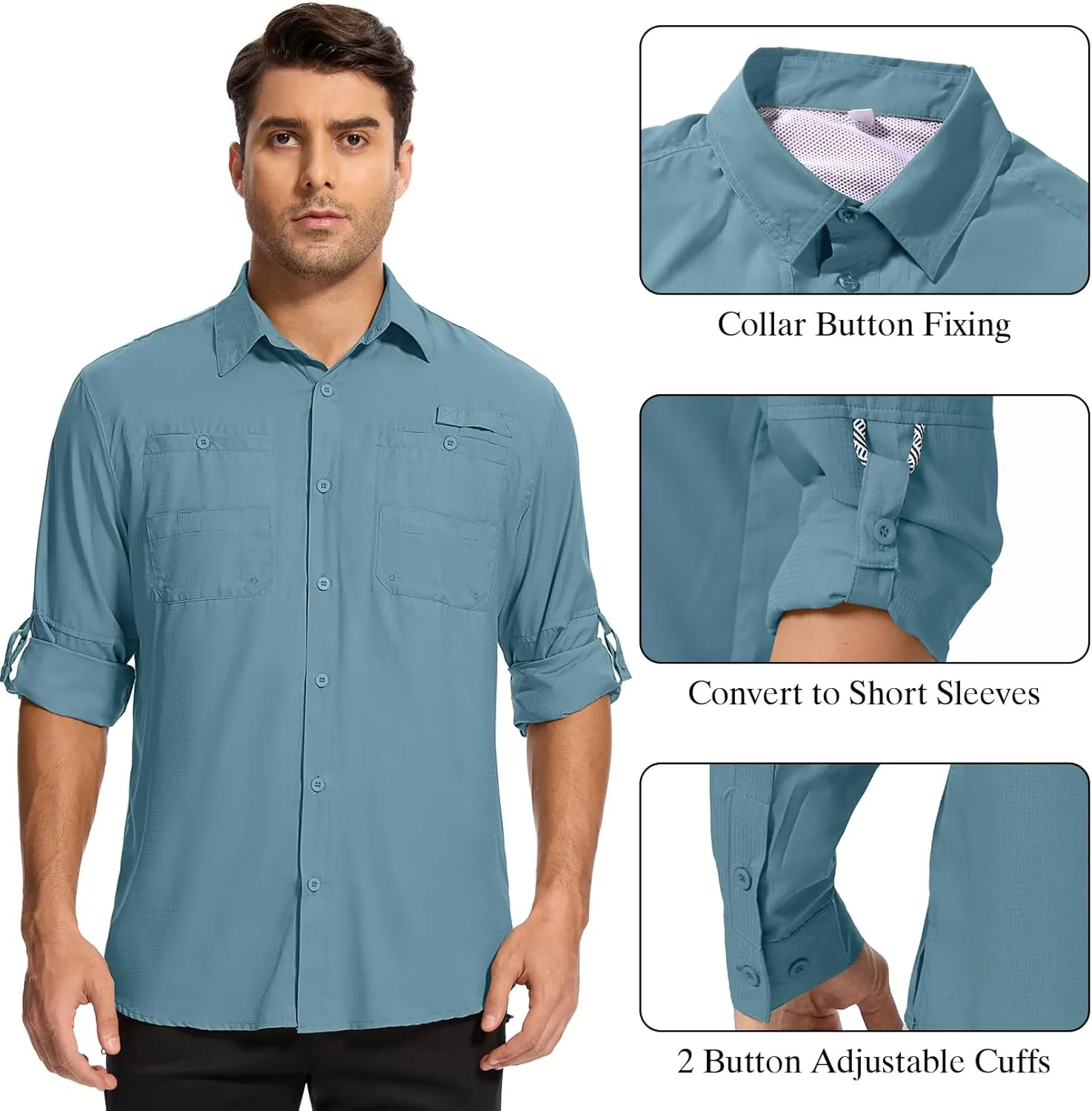 Mens Safari Shirt Long Sleeve UPF 50  Sun Protection Fishing Shirts MenConvertible Cuffs Hiking Shirts for Men