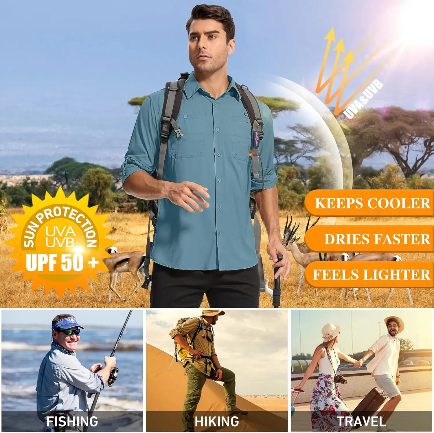 Mens Safari Shirt Long Sleeve UPF 50  Sun Protection Fishing Shirts MenConvertible Cuffs Hiking Shirts for Men