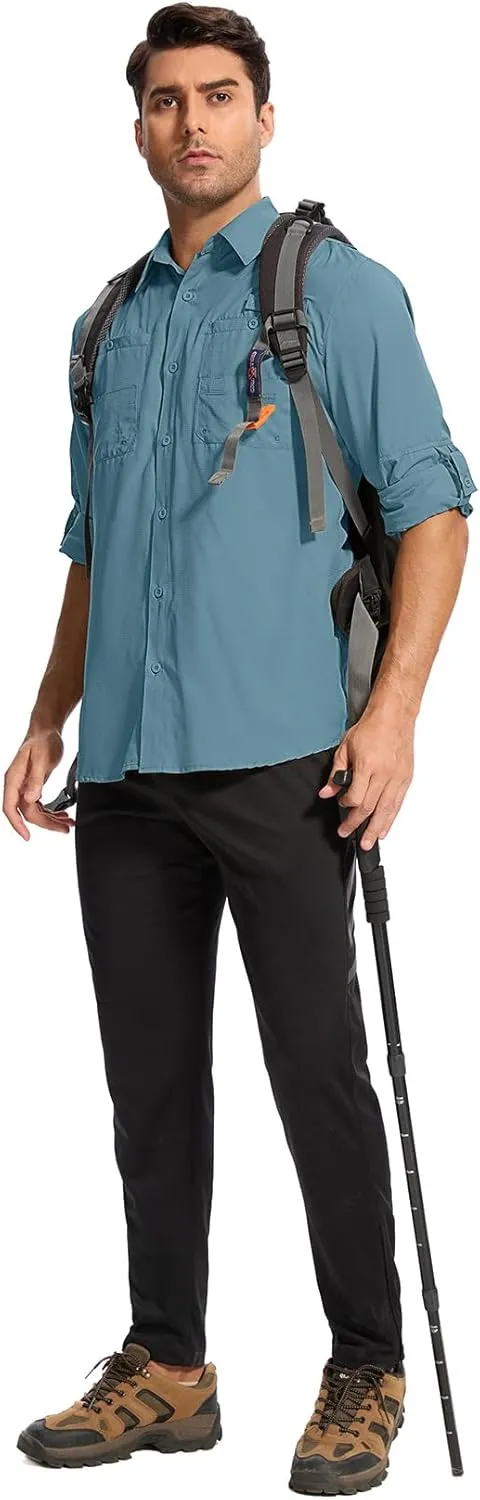 Mens Safari Shirt Long Sleeve UPF 50  Sun Protection Fishing Shirts MenConvertible Cuffs Hiking Shirts for Men