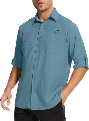 Mens Safari Shirt Long Sleeve UPF 50  Sun Protection Fishing Shirts MenConvertible Cuffs Hiking Shirts for Men