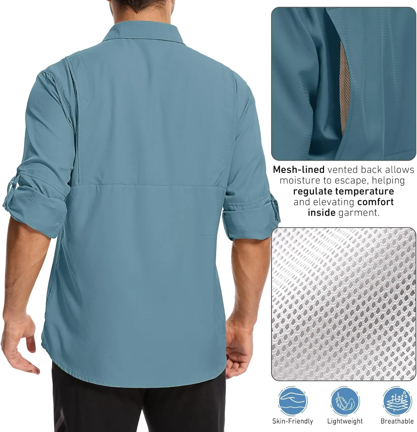 Mens Safari Shirt Long Sleeve UPF 50  Sun Protection Fishing Shirts MenConvertible Cuffs Hiking Shirts for Men