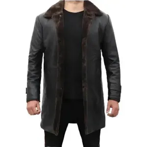 Men's Shearling Lined Black Leather Trench Coat Warm & Stylish