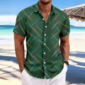Men's Short Sleeve Button Shirt Summer New Men's Striped Feather Casual Beach