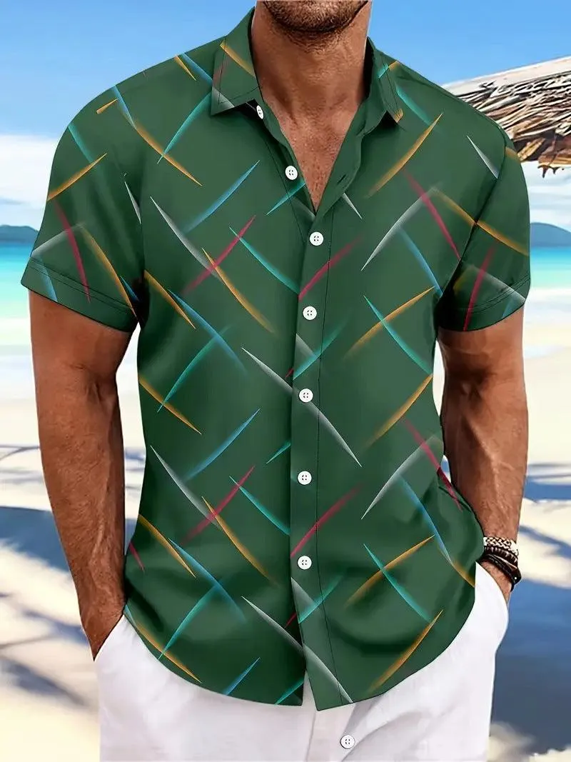 Men's Short Sleeve Button Shirt Summer New Men's Striped Feather Casual Beach