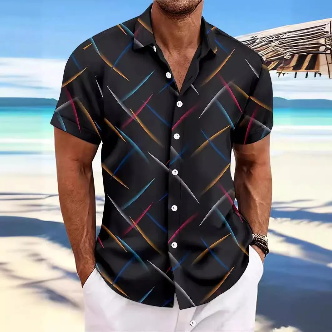 Men's Short Sleeve Button Shirt Summer New Men's Striped Feather Casual Beach