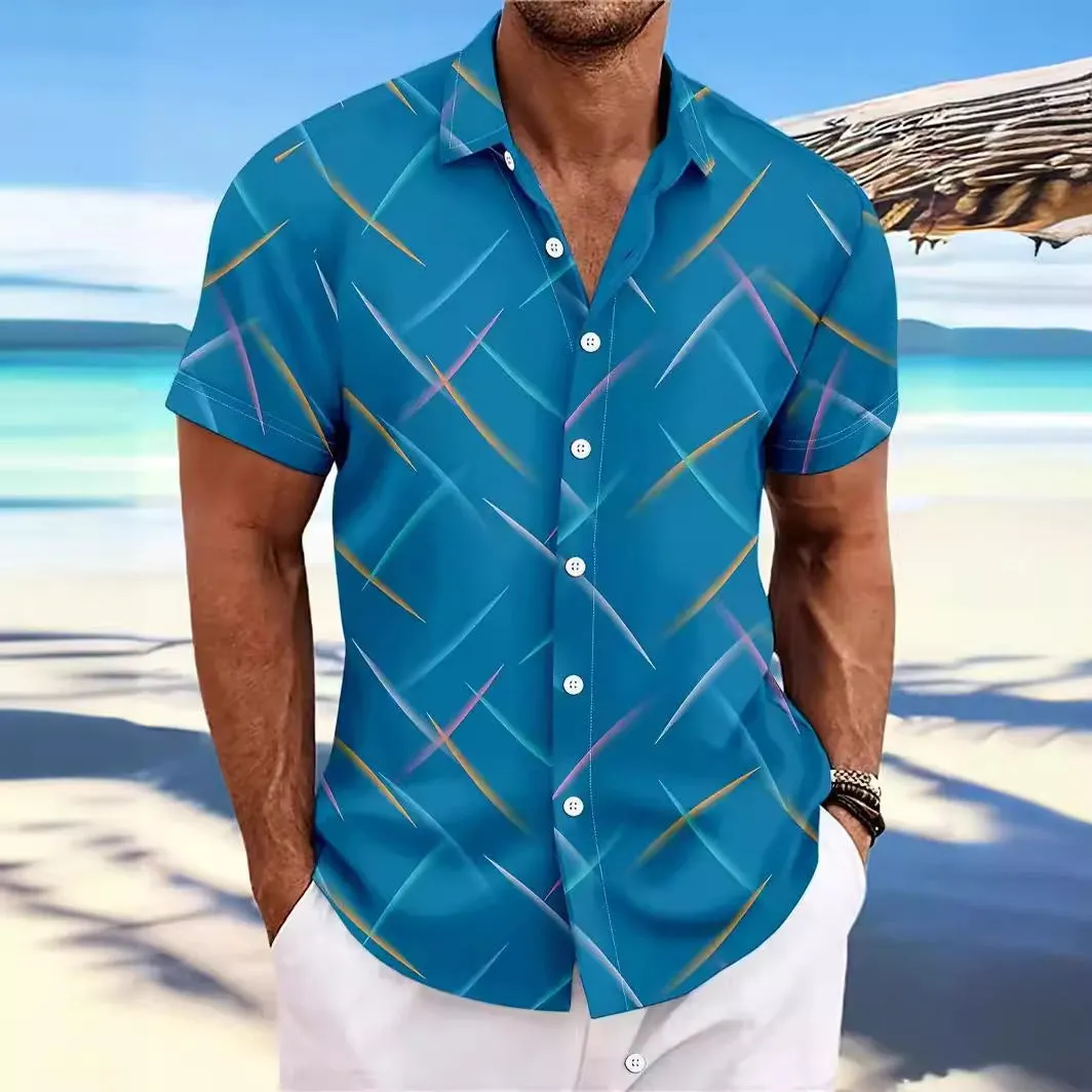 Men's Short Sleeve Button Shirt Summer New Men's Striped Feather Casual Beach